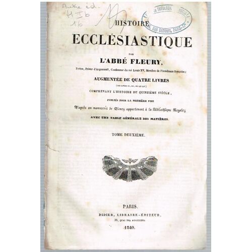 Histoire Ecclesiastique Abbe Fleury Tome Deuxieme 1840