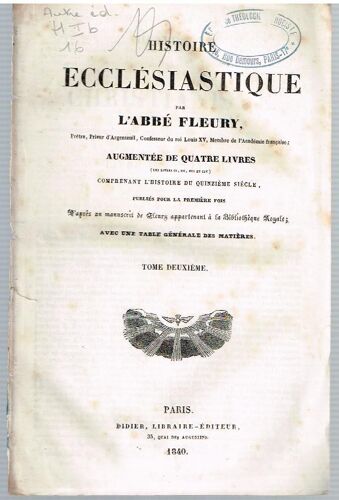 Histoire Ecclesiastique Abbe Fleury Tome Deuxieme 1840