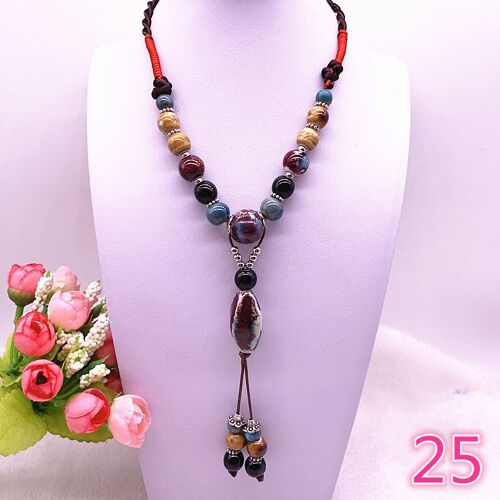 Collier Ethnique À La Mode, Accessoire Traditionnel Fait À La Main, Corde De Cire Tissée, Pendentif En Céramique Et Perles, Collier Long #25