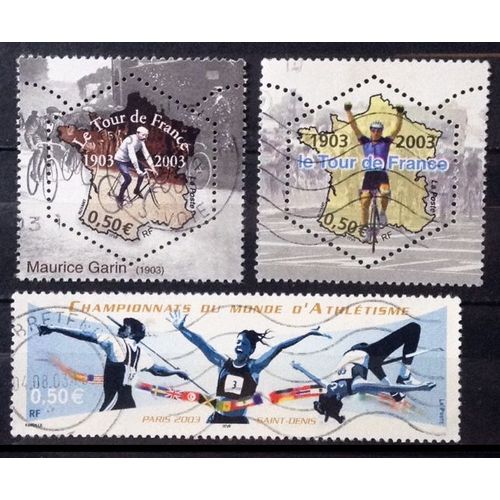 Centenaire Tour De France - Maurice Garin 0,50 (N° 3582) + Arrivée 2003 0,50 (N° 3583) + Championnats Du Monde D'athlétisme 0,50 (N° 3587) Obl - France Année 2003 - Brn83 - N30285