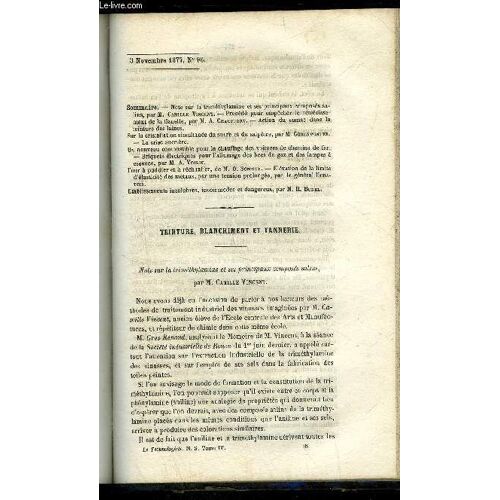 Le Technologiste Ou Archives Des Progres De L'industrie Francaise Et Etrangere N° 96 - Noie Sur La Triméthylamine Et Ses Principaux Composés Salins, Par M. Camille Vincent. ¿ Procédé Pour ...