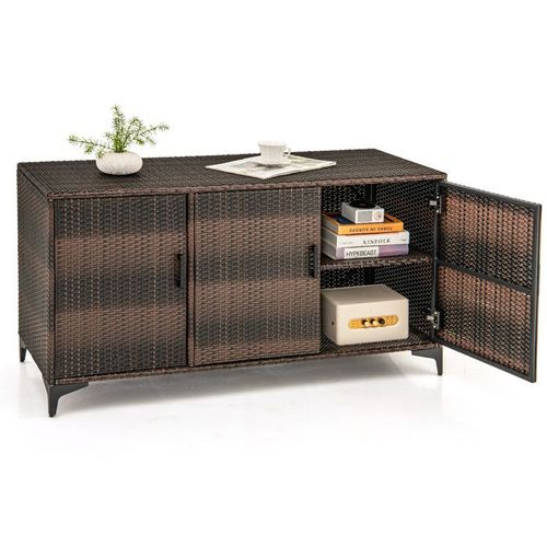 Costway Coffre De Rangement En Résine Tressé 318l, 3 Portes Avec Étagères Amovibles, Boîte De Rangement Extérieur Intérieur, Marron