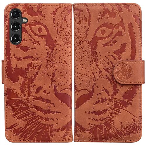 Saturcase Coque Pour Samsung Galaxy A14 5g, Embossage De Tigre Pu Cuir Magnétique Flip Portefeuille Support Porte-Carte Protecteur Housse Étui Pour Samsung Galaxy A14 5g (Marron)