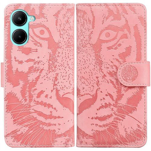 Saturcase Coque Pour Realme C33, Embossage De Tigre Pu Cuir Magnétique Flip Portefeuille Support Porte-Carte Protecteur Housse Étui Pour Realme C33 (Pink)