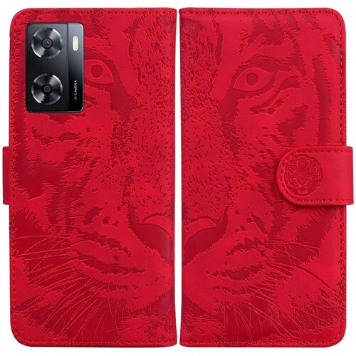 Saturcase Coque Pour Oppo A57 2022 / A77 5g, Embossage De Tigre Pu Cuir Magnétique Flip Portefeuille Support Porte-Carte Protecteur Housse Étui Pour Oppo A57 2022 / A77 5g (Rouge)