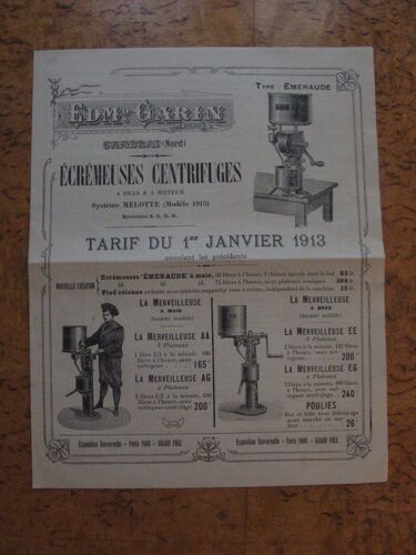 "Écrémeuses Centrifuges " Tarif 1913 Ets Garin(Cambrai) - Publicité Ancien