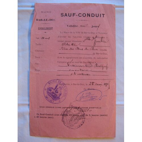 Sauf Conduit Mairie De Bar-Le-Duc 23/05/1915