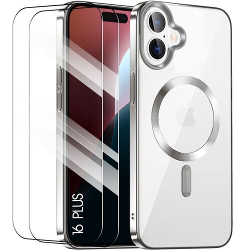 Coque Pour Iphone 16 Plus Avec Cercle Magnétique, Protection Tpu Transparent Contour Chromé Argenté + 2 Verres Trempés - E.F.Connection