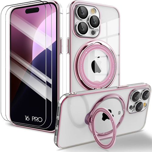 Coque + 2 Verres Trempés Pour Iphone 16 Pro, Protection Silicone Anti-Rayures Slim Avec Support Magnétique - Rose - E.F.Connection