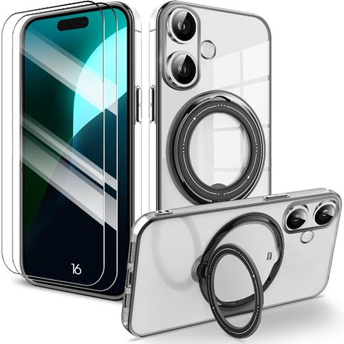 Coque + 2 Verres Trempés Pour Iphone 16, Protection Silicone Avec Contour Noir Chromé Et Support Magnétique - E.F.Connection