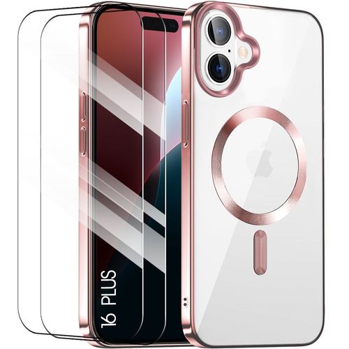 Coque + 2 Verres Trempés Pour Iphone 16 Plus, Protection Antichoc Contour Chromé Rose Avec Cercle Magnétique - E.F.Connection