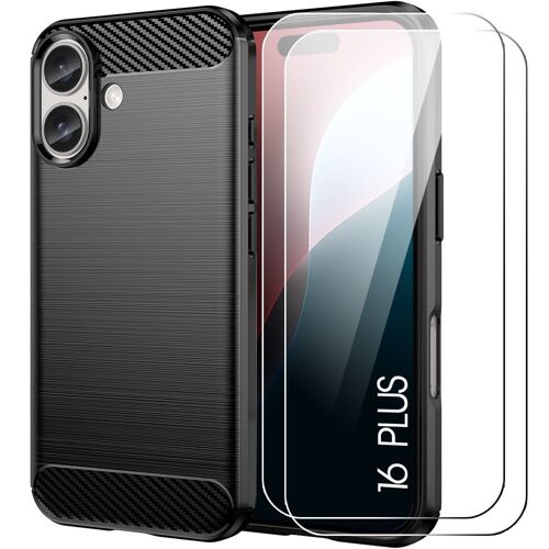 Coque et 2 Verres Trempés pour iPhone 16 Plus, Proteciton Antichoc Fibre Carbone Noir - E.F.Connection