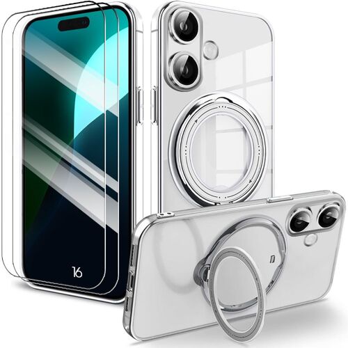 Coque Transparente + 2 Verres Trempés Pour Iphone 16, Coque Avec Support Magnétique - Protection Bordure Argenté - E.F.Connection