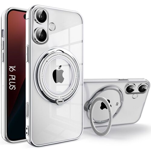 Coque Pour Iphone 16 Plus - Protection Avec Anneau Magnétique Rotatif Et Bordure Argenté Effet Chromé - E.F.Connection