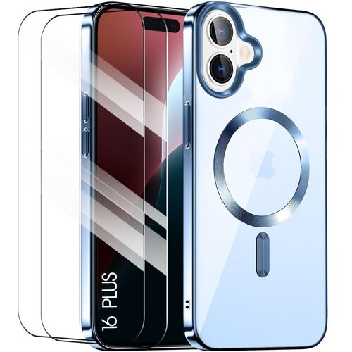 Coque Silicone Pour Iphone 16 Plus Avec Anneau Magnétique + 2 Verres Trempés, Protection Transparente Contour Bleu - E.F.Connection