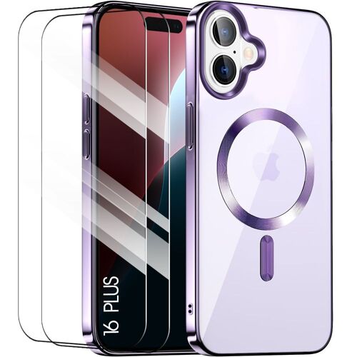 Coque Pour Iphone 16 Plus Avec Cercle Magnétique - Protection Antichoc Tpu Transparent Contour Violet + 2 Verres Trempés - E.F.Connection