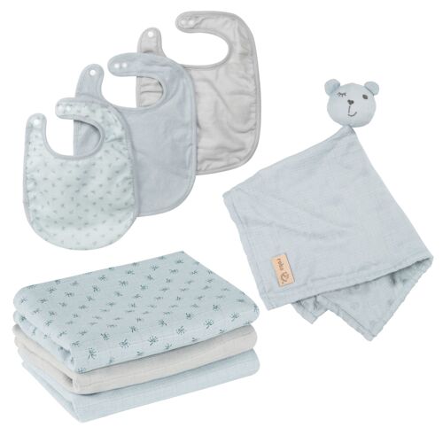 Roba Coffret Bébé Lil Planet - 7 Pcs - 3 Bavoirs + 1 Doudou + 3 Langes - Cadeau De Naissance - Bleu Clair / Gris