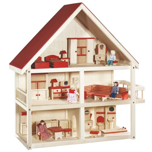 Maison De Poupée En Bois Naturel Roba - Toit À Pignon Rouge - 3 Étages - 4 Poupées Et Meubles Miniatures