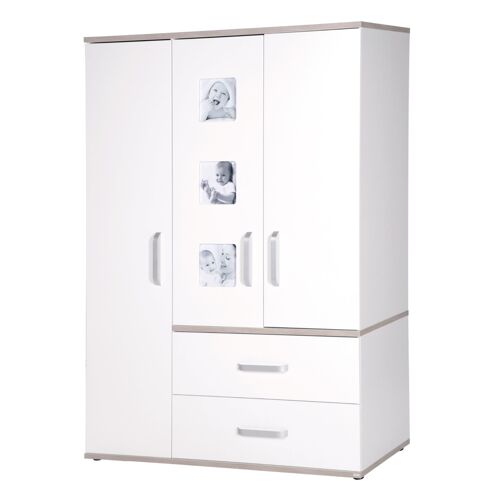 Armoire Bébé Moritz 3 Portes Et 2 Tiroirs - 3 Cadres Photos Encastrés - Blanc / Aspect Bois - Roba