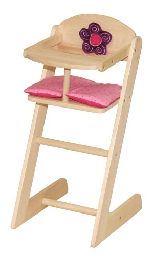 Chaise Haute Pour Poupées Happy Fee Roba - Bois Naturel - Coussin Rose À Motifs Pois Et Fleur Pelucheuse