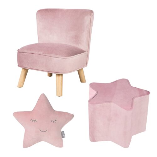 Roba Fauteuil Et Pouf Enfant Lil Sofa + Coussin Décoratif Étoile - Ensemble En Velours - Rose/Mauve