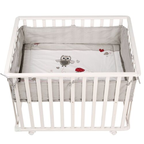 Parc Bébé 100x75 Cm + Tapis "Adam Et Eule" Imprimé Chouette + 4 Roues - Roba - Bois Blanc