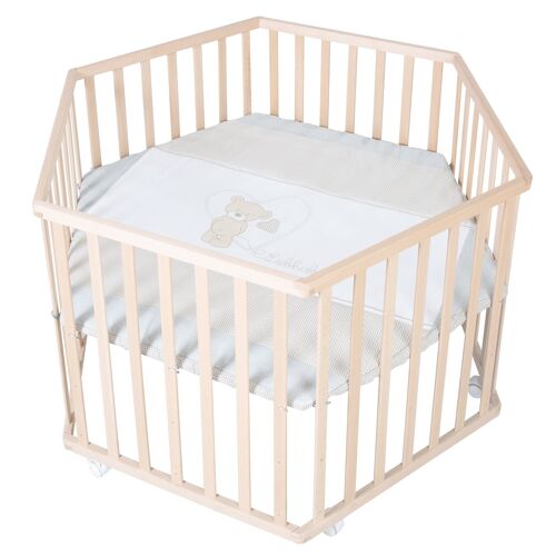 Roba Parc Bébé Hexagonal En Bois Liebhabear + Tapis De Parc Et Roues Avec Freins - Base Ajustable En Hauteur - Naturel