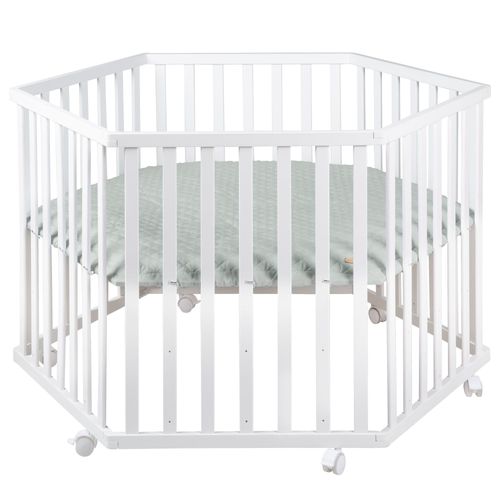 Roba Parc Bébé "Roba Style" Hexagonal + Insert De Protection Vert Et Roulettes - Bois Laqué Blanc