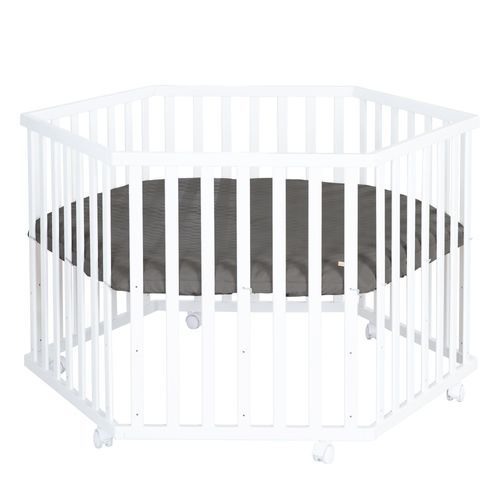Roba Parc Bébé Hexagonal + Tapis Anthracite En Cuir Pu Hydrofuge + 6 Roulettes À Freins - Hauteur Réglable - Bois Blanc