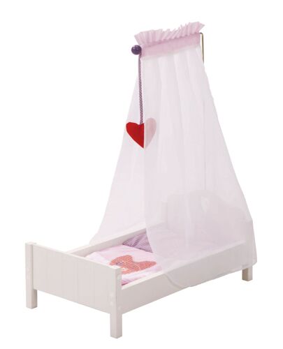 Lit De Poupée En Bois Fienchen - Roba - Blanc Avec Ciel De Lit + Couverture Et Oreiller Roses