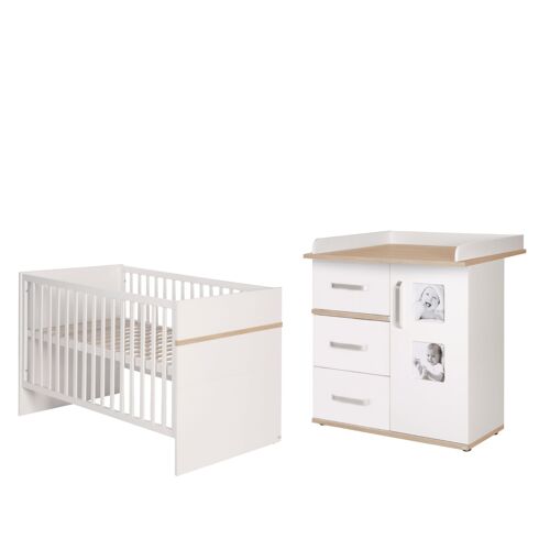 Set De Meubles "Pia" - Lit Bébé Évolutif + Commode À Langer - Blanc/Chêne "San Remo"