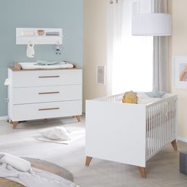 Chambre Bébé Duo Roba - Ole - Lit Évolutif 70x140 Cm + Commode À Langer Avec Plan À Langer Amovible - Blanc - Chêne Foncé