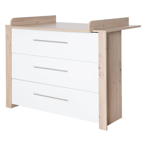 Commode À Langer Roba - Malo - 3 Tiroirs À Fermeture Douce - Meuble À Langer Avec Plan Amovible - Blanc - Chêne Clair