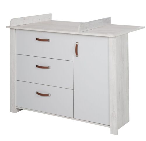 Commode À Langer Roba Mila - Gris Clair/Chêne Blanchi - Bois Massif - 3 Tiroirs + 1 Porte