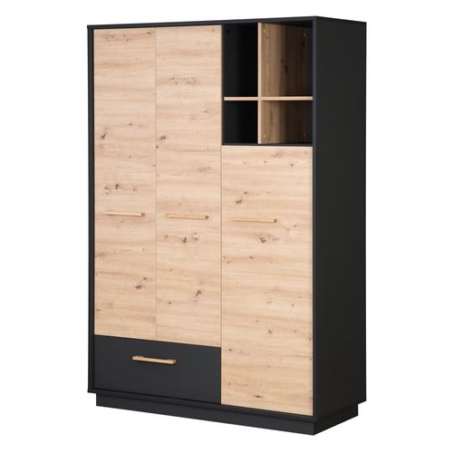 Armoire "Lenn" 3 Portes - Anthracite - Décor Bois Chêne Artisan - Poignées En Bois Massif