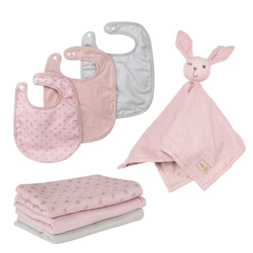 ROBA Coffret Bébé Lil Planet - 7 PCS - 3 Bavoirs + 1 Doudou + 3 Langes - Cadeau de Naissance - Rose / Gris