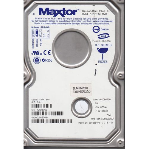DISQUE DUR Maxtor 6Y080P0422211 80GB, 7200RPM, 3.5, IDE, YAR41BW0 NMGA