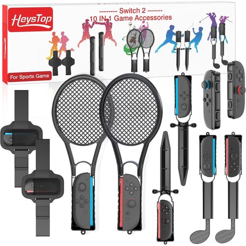HEYSTOP Ensembles D'accessoires de Sport pour Manette Nintendo Switch 2 Kit D'accessoires de Jeu 10 en 1 avec Clubs de Golf, Raquettes de Tennis et Autres Accessoires de Sport pour Nintendo Switch 2