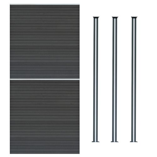 Kit Clôture 2 Panneaux Composite Plastique Gris 9 Lames À Emboîter 185 Cm H X 353 Cm L & 3 Poteaux En Aluminium À Led Solaires Texture De Bois Reversible Pvc Brise-Vue Extérieur Jardin Mur D'Intimité