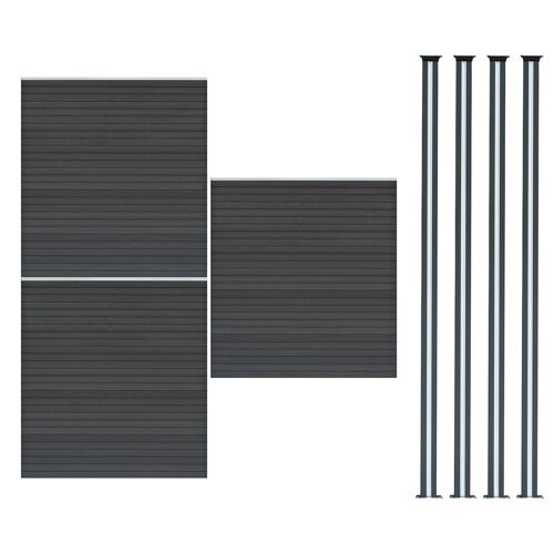 Kit Clôture 3 Panneaux Composite Plastique Gris 9 Lames À Emboîter 185 Cm H X 526 Cm L & 4 Poteaux En Aluminium À Led Solaires Texture De Bois Reversible Pvc Brise-Vue Extérieur Jardin Mur D'Intimité