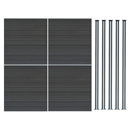 Kit Clôture 4 Panneaux Composite Plastique Gris 9 Lames À Emboîter 185 Cm H X 699 Cm L & 5 Poteaux En Aluminium À Led Solaires Texture De Bois Reversible Pvc Brise-Vue Extérieur Jardin Mur D'Intimité