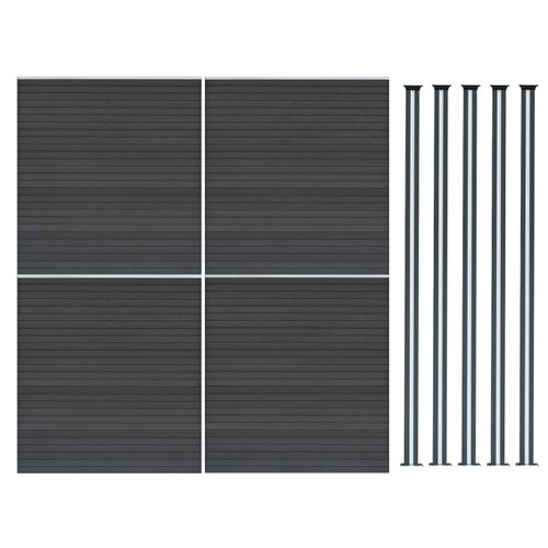 Kit Clôture 4 Panneaux Composite Plastique Gris 9 Lames À Emboîter 185 Cm H X 699 Cm L & 5 Poteaux En Aluminium À Led Solaires Texture De Bois Reversible Pvc Brise-Vue Extérieur Jardin Mur D'Intimité