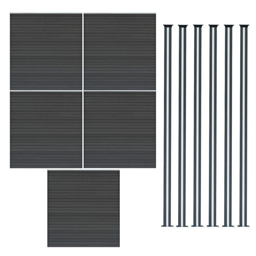 Kit Clôture 5 Panneaux Composite Plastique Gris 9 Lames À Emboîter 185 Cm H X 872 Cm L & 6 Poteaux En Aluminium À Led Solaires Texture De Bois Reversible Pvc Brise-Vue Extérieur Jardin Mur D'Intimité
