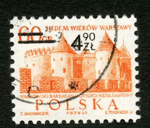Timbre Oblitéré Polska, Siedem Wiekow Warszawy, Warszawski Barbakan Gotycko-Renesansowy, Kaczmarczyk, Tirdiszek, 1965, 60 Gr, 4,90 Zl