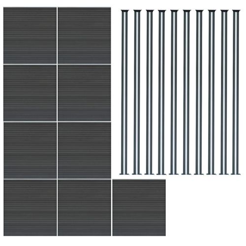 Kit Clôture 9 Panneaux Composite Plastique Gris 10 Lames À Emboîter 185 Cm H X 1564cm L & 9 Poteaux En Aluminium À Led Solaires Texture De Bois Reversible Pvc Brise-Vue Extérieur Jardin Mur D'Intimité