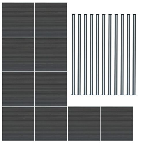 Kit Clôture 10 Panneaux Composite Plastique Gris 11 Lames À Emboîter 185 Cm H X 1737cm L, 9 Poteaux En Aluminium À Led Solaires Texture De Bois Reversible Pvc Brise-Vue Extérieur Jardin Mur D'Intimité