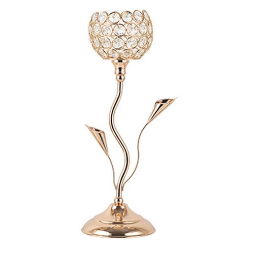 Gold Crystal Candle Holder, Iron Flower Shaped Candlestick Small Vintage Candlestick Set for Table
