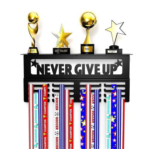 N¿abandonnez jamais l'affichage de cintre de médaille avec étagère - Présentoir de trophée et de médaille en acier au carbone facile à installer