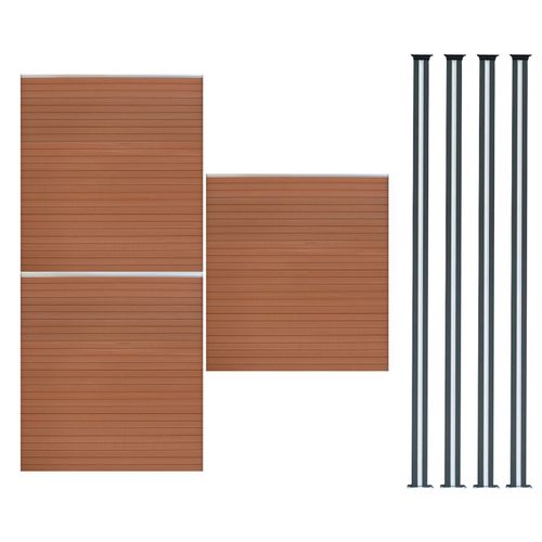 Kit Clôture 3 Panneaux Composite Plastique Marron 9 Lames À Emboîter 185 Cm H X 526 Cm L & 4 Poteaux En Aluminium À Led Solaires Texture De Bois Reversible Brise-Vue Extérieur Jardin Mur D'Intimité