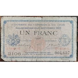 Billet 1 Franc Chambre De Commerce De Lyon 1920 - Nécessité - 9e Série
